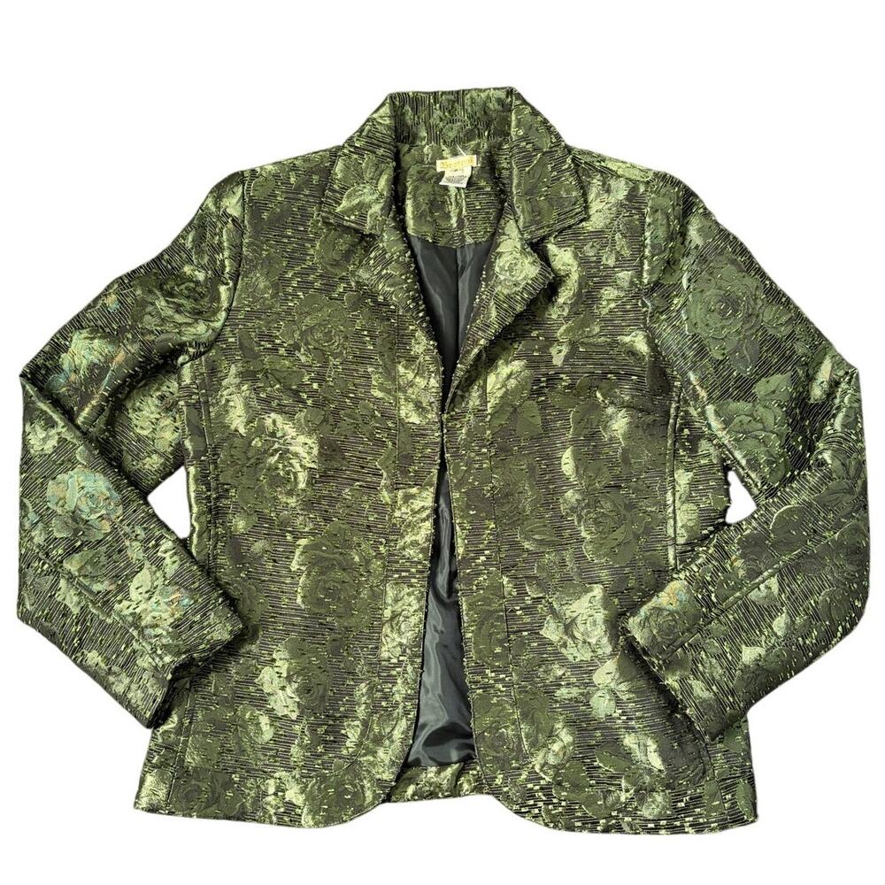 VTG Bestow Women's Green Textured Floral Blazer Jacket Sz S Career Office Preppy